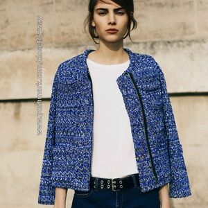 Sonia by Sonia Rykiel Wool Blend Tweed Indigo Zip Up Blazer Jacket